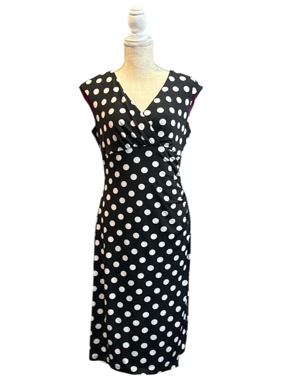 Ronnie Nicole Dress Black White Polka Dot Faux Wrap V-Neck MidiJersey Knit 12